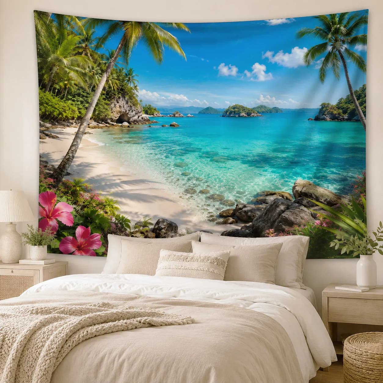Cute Dog Cat Tapestry Wall Art Romantic Pink Sunset Ocean Woven Blanket Seaside Landscape Room Decoration Aesthetic Backdrop