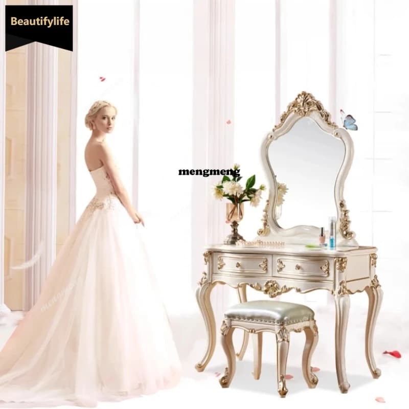 Wooden Luxury Modern Vanity Table Mirror Chair Drawers White Makeup Vanity Desk Space Saving Coiffeuse De Chambre Furniture D80