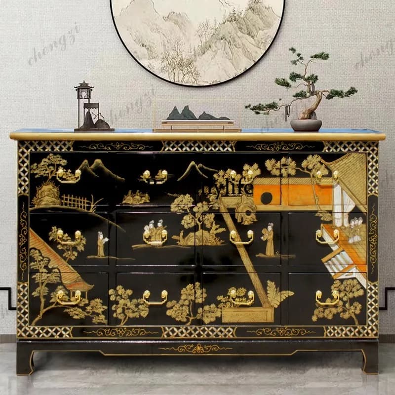 Chinese classical solid wood chest, living room black gold-painted landscape figure painting storage cabinet Chinese style
