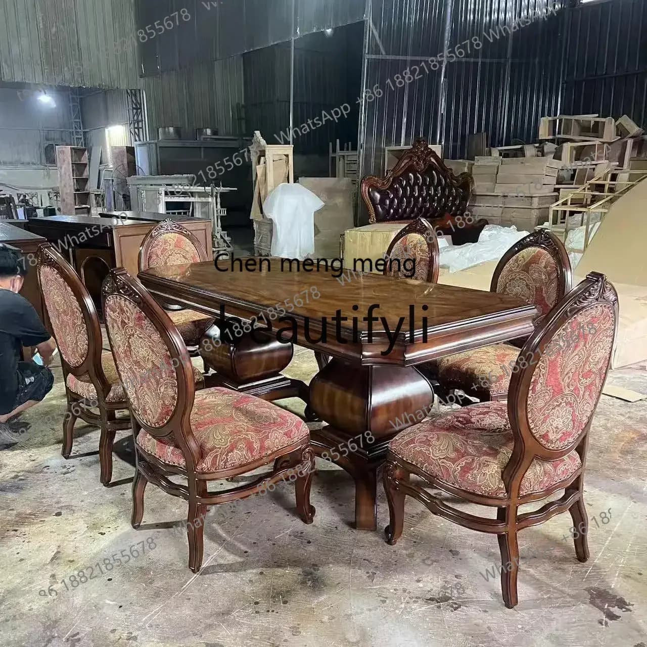 European solid wood dining table and chair combination American carved design dining table American home dining table2936