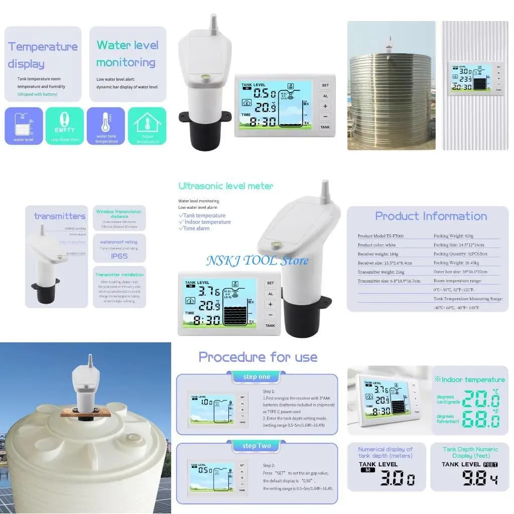 L8RC Water Detector Transmitter Receiver Ultrasonic Water Liquid Depth Meter Detector with Temperature Measurement