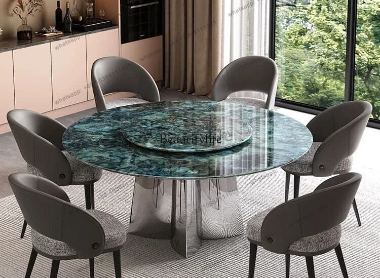 FGHigh-end supercrystalline stone dining table natural marble with turntable microcrystalline stone light luxury