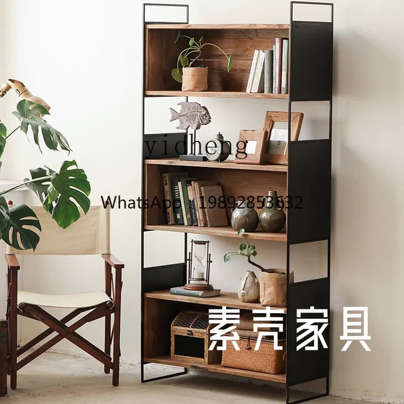 ZZ Iron Stand Solid Wood Display Cabinet Living Room Wall Floor Storage Rack Modern Industrial Style Multi-Layer Bookcase