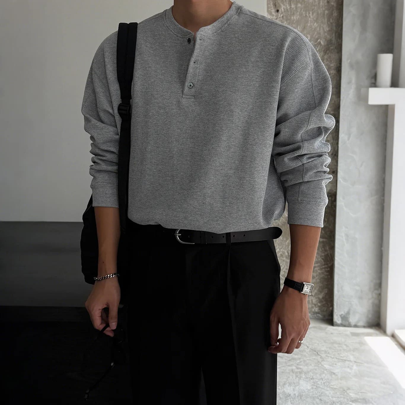 Man Base Layer 2026 New Spring Autumn Men Waffle Henley Collar Long Sleeve T Shirt Loose Old Money Style Basic Tee Soft Men Top
