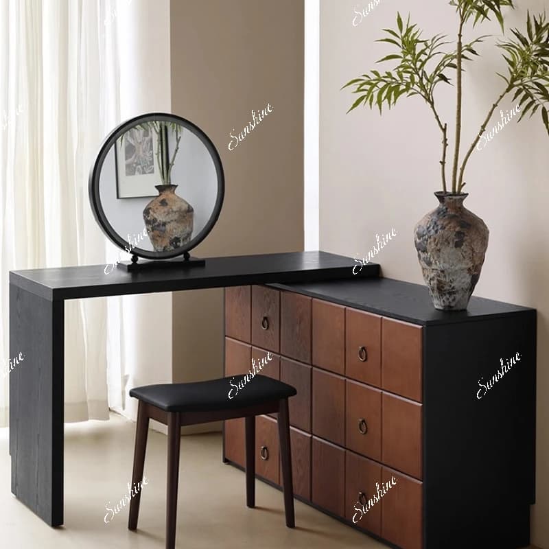 Medieval retractable pull ring, dresser, chest, integrated bedroom, with round makeup mirror, storage
