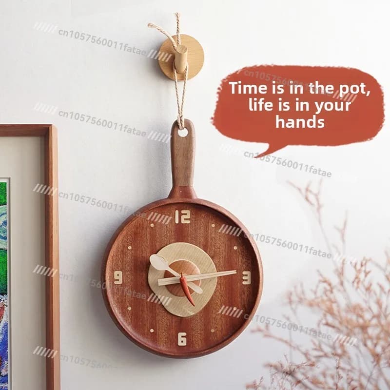 Pan Clock Solid Wood Pendulum Clock, Living Room Dining Room Decorative Log Creative Frying Pan Silent Wall Clock