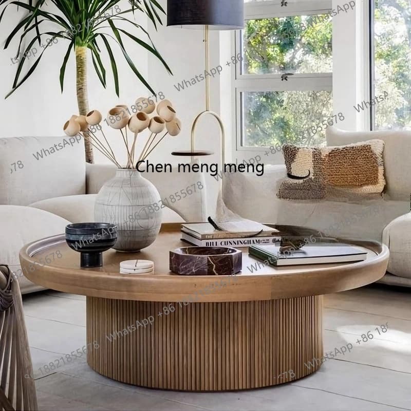 Retro Coffee Table Simple Solid Wood Carved Round Living Room Side Table Nordic Round Table French Vintage Tea