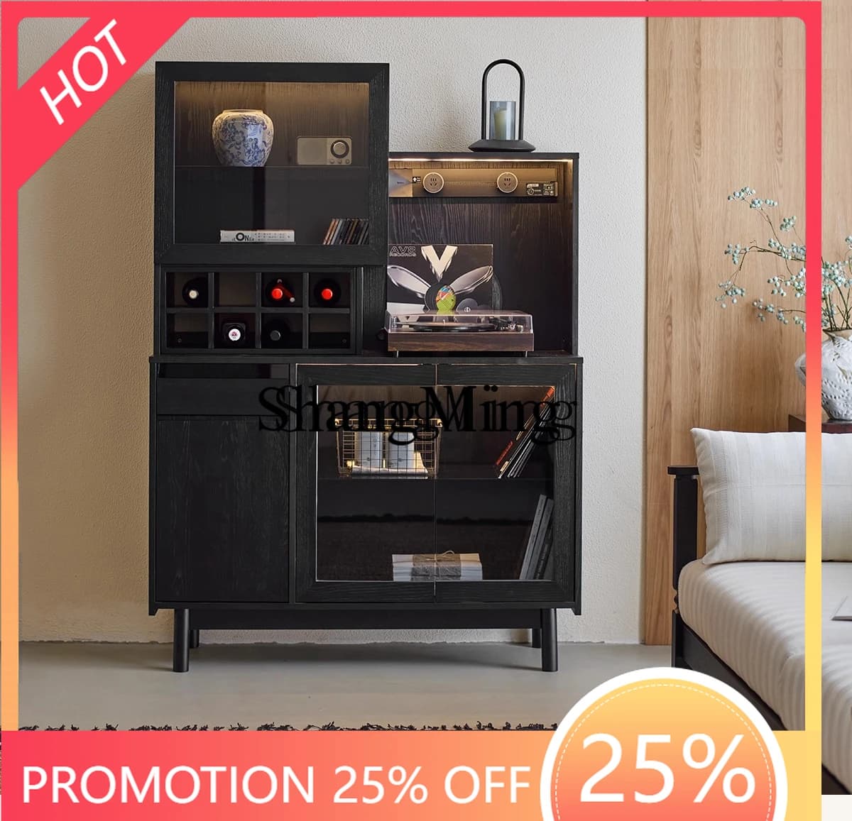 CL  sandalwood retro side cabinet integrated storage cabinet against the wall black solid wood side cabinet