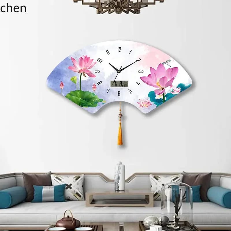 HT fan-shaped perpetual calendar wall clock for living room and, silent wooden panel creative decorative painting silent clock