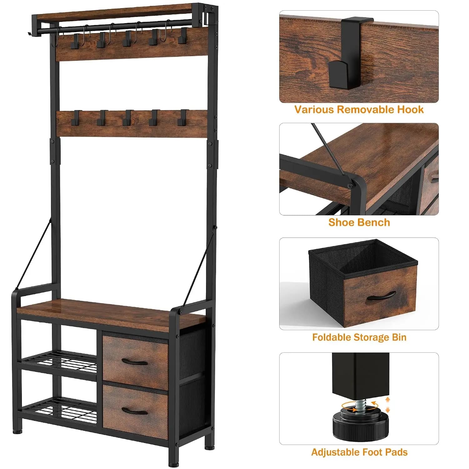 Hall Tree with Bench and Shoe Storage, 31.5” Coat Rack Freestanding