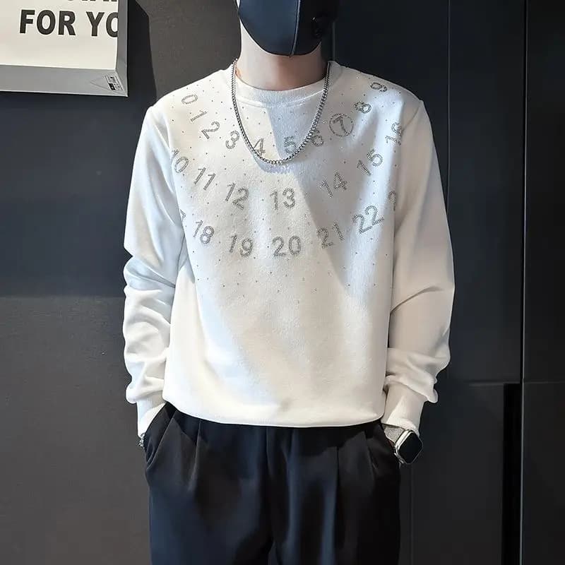 Fashion O-Neck Casual Digital Diamonds T-Shirts Men's Clothing Spring New Loose Long Sleeve All-match Tops Korean Tee Shirt