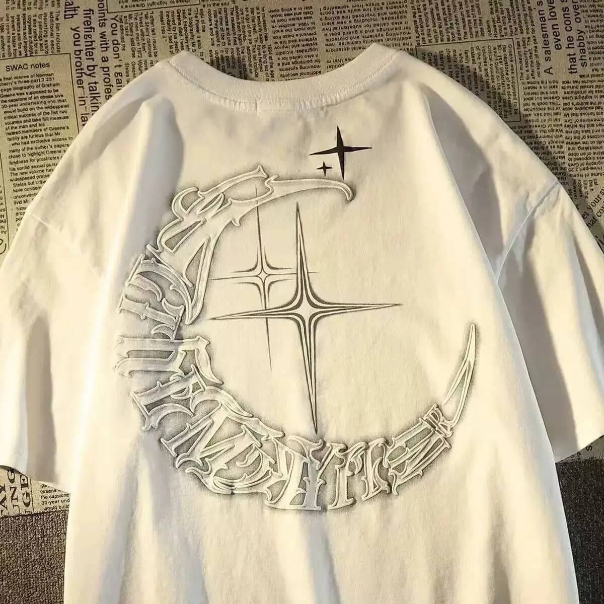 2026 Summer Men 100% Cotton Short Sleeve T Shirt American Trendy Moon Star Print Tees, High Street Hip Hop Loose Daily Wear Tops