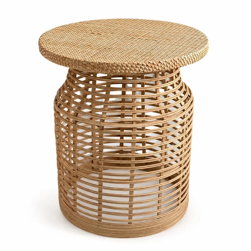 Handwoven Rattan Bamboo Side Table, Round Boho End Table Nightstand for Living Room Bedroom Balcony, Natural Wicker Indoor Decor