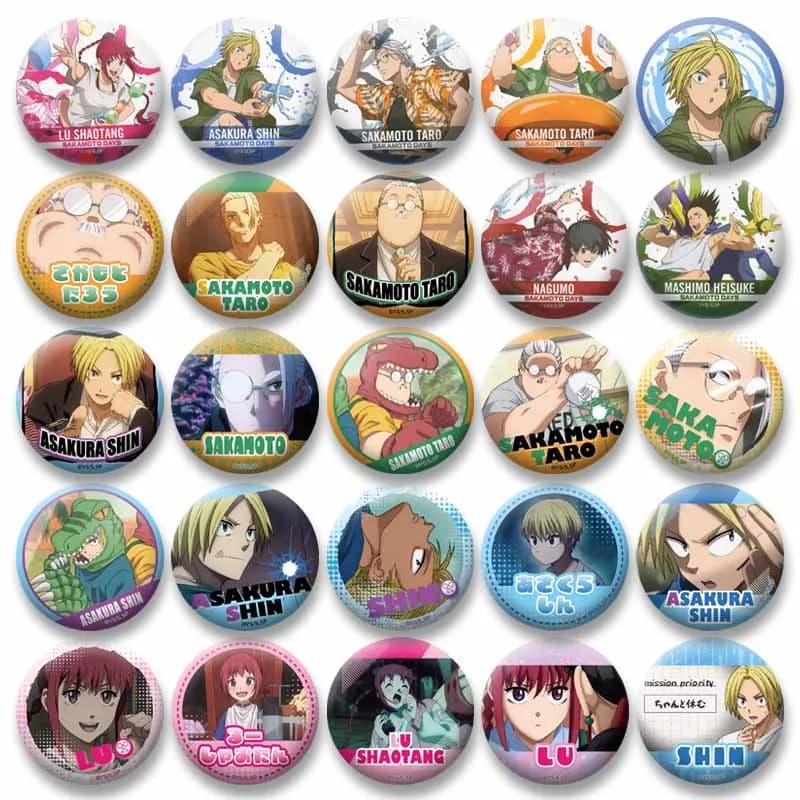 Funny Anime Chibi Pins Cartoon Sakamoto Days Yoichi Taro Heisuke Round Brooch Cute Backpack Clothing Jewelry Badges XMAS Gifts