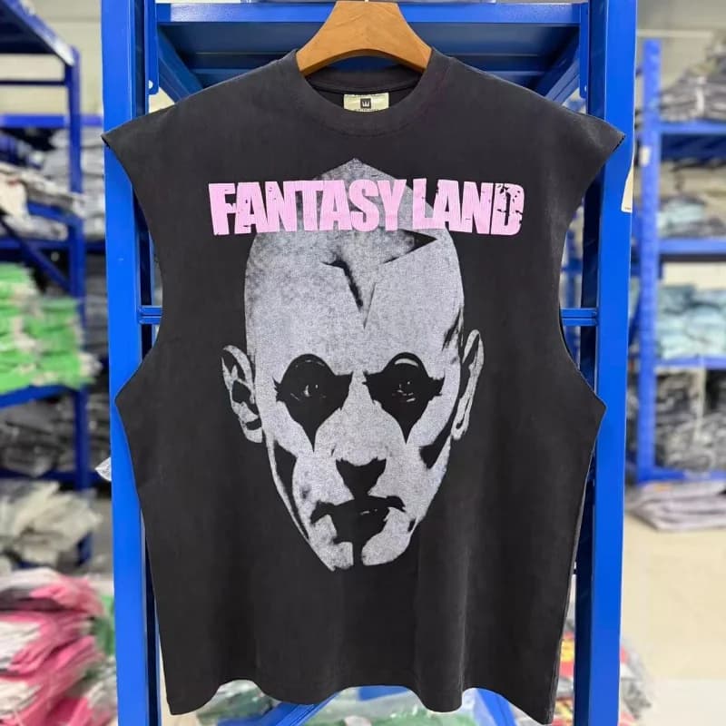 Black Fashion FANTASYLAND Print Pattern Washed Summer Retro Cotton Loose Casual Tank Top