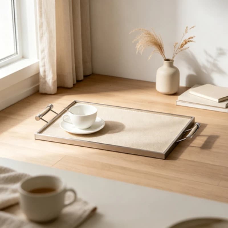 Luxury Leather Tray with Metal Handles Decorative Storage Plate for Showroom Model Room Tabletop Ornament Home Display Organizer