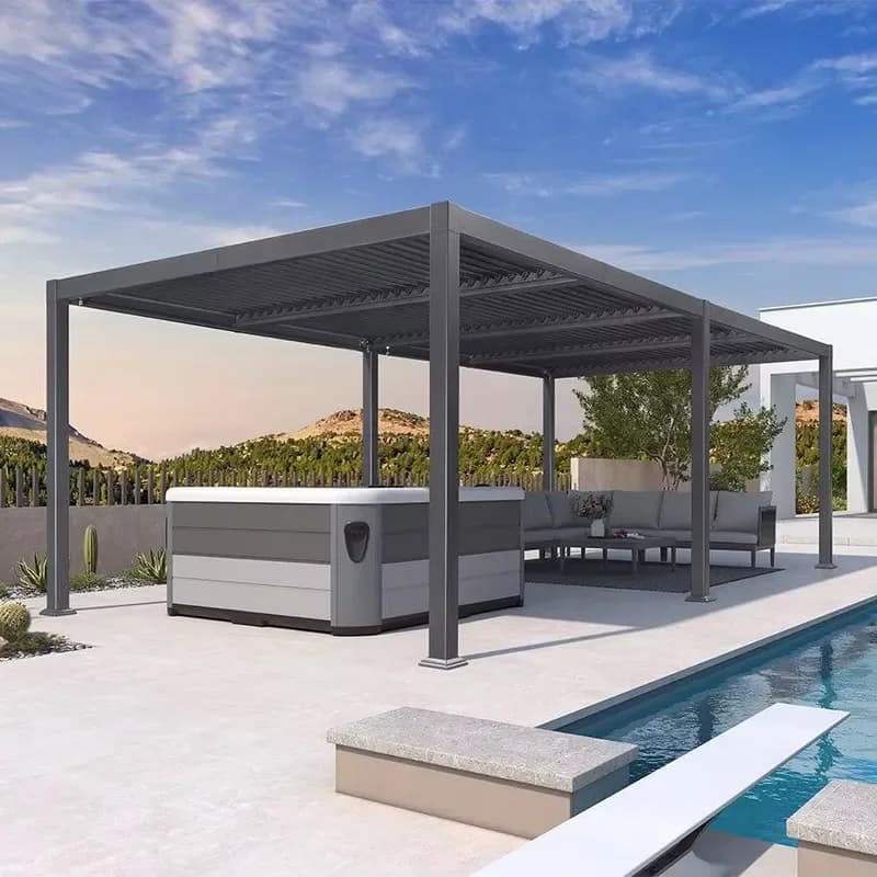 Outdoor Bioclimatic Retractable Aluminum Garden Pergola Canopy Motorized Sun Shade Louver Wood Frame Balcony Retractable Arch