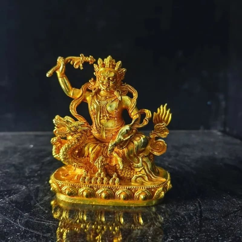 Tibetan Buddhism Jambhala Gilded Statue Dragon Seat Wealth Deity Sculpture Home Altar Worship Decor