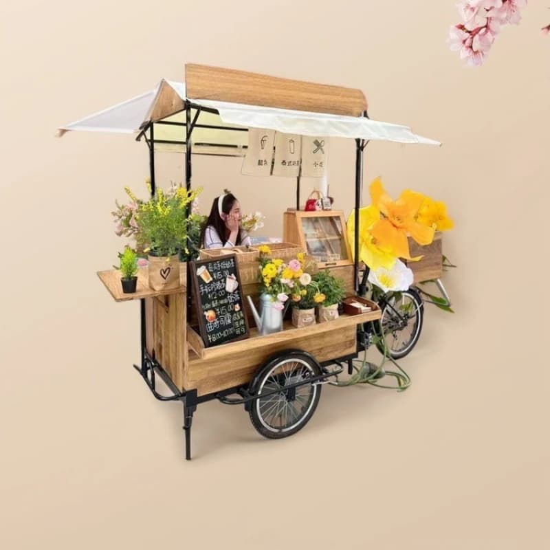 Solid wood mobile three-wheeled dining car, promotional stall night market scenic mobile car