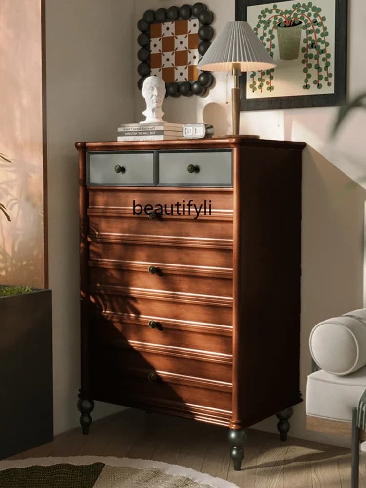 French antique chest cabinet, all solid wood retro bedroom drawer, porch cabinet, bedside cabinet