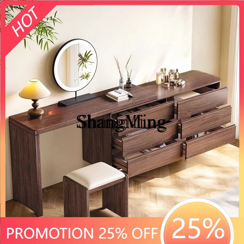 SM walnut light luxury dresser small apartment bedroom simple modern chest integrated retractable corner makeup table