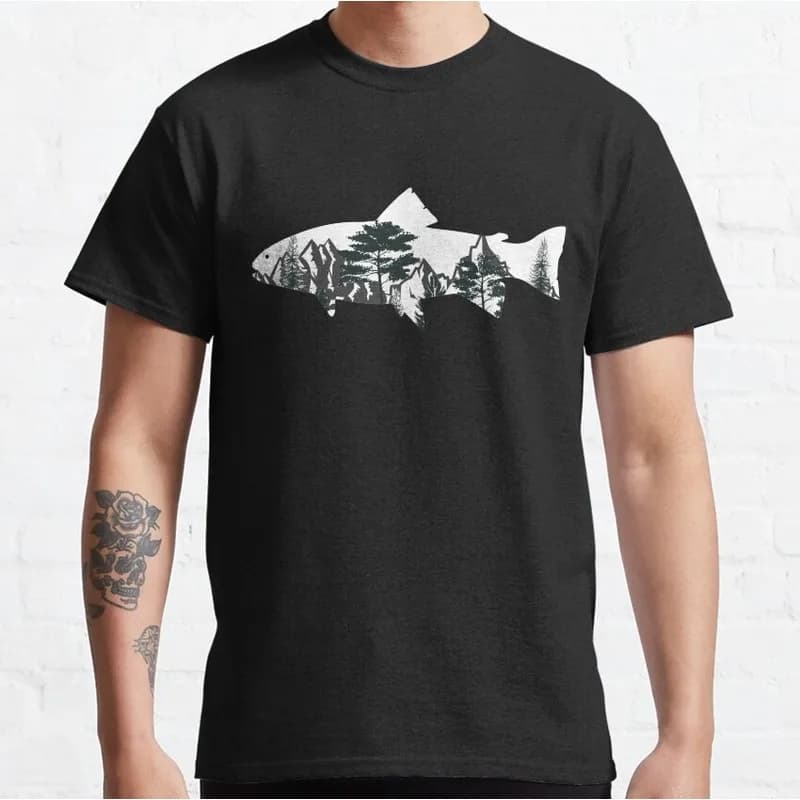 Trout Trees Fly Fishing Angler T-Shirt Retro Fisherman Graphic Tee Unisex 100% Cotton Print Short Sleeve Outdoor Casual Tops