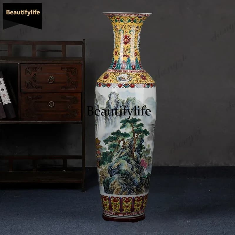D80 Jingdezhen ceramics, famille rose landscape style floor-standing large vase, company living room decorative ornament