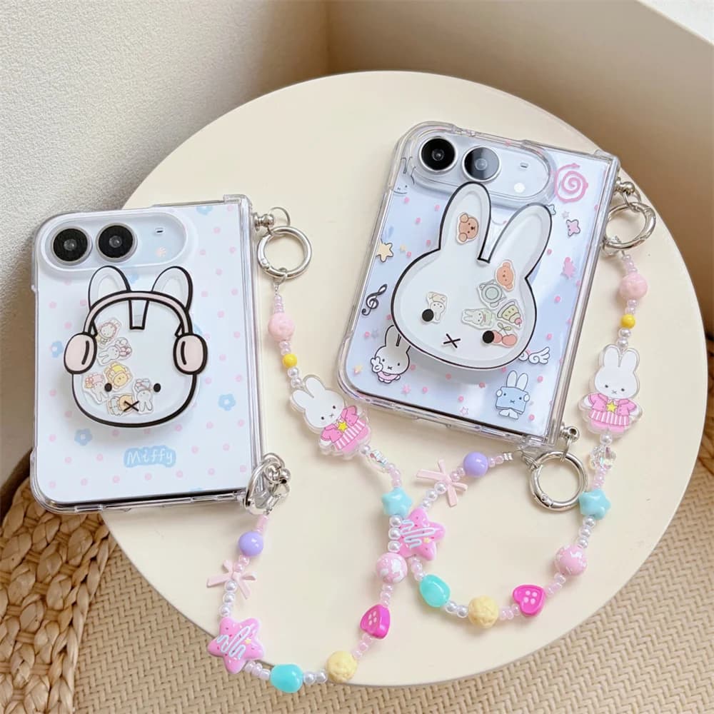 Clear Big White Bunny Grip Stand Pink Blue Polka Dot Phone Case For iPhone Duo Beaded Wrist Strap Cute Playful Foldable Cover