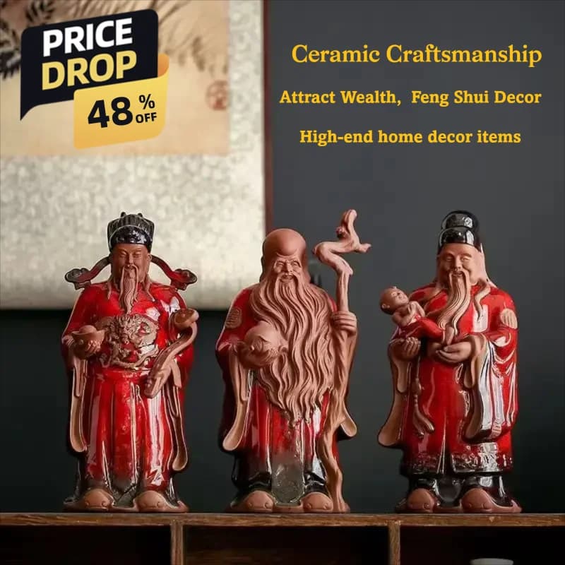 Ceramics Fu Lu Shou Figure Statue -Buddha of God of Wealth-Home Features Living Room, Office Decoration Statues