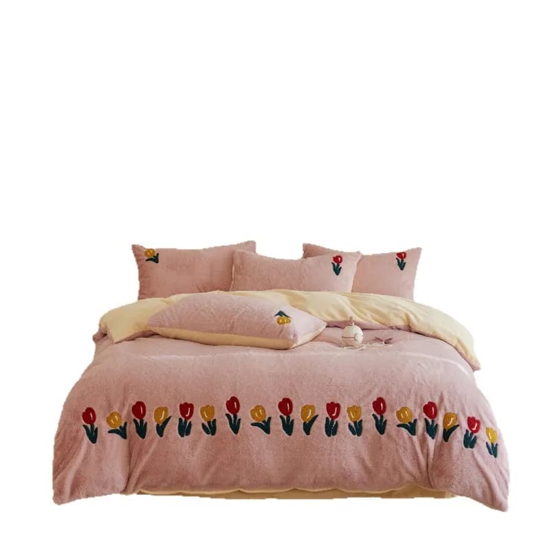 Sweet pastoral small fresh rabbit hair milk fleece four-piece set winter thickened tulip towel embroidered pink