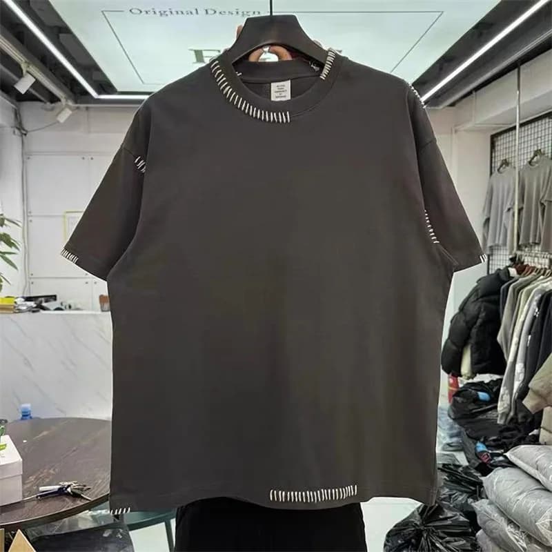 Spring Summer 26SS New Solid Color Hand-Stitched T-Shirt Vintage Washed Gray Men Women Oversized Cotton Tops T Shirt