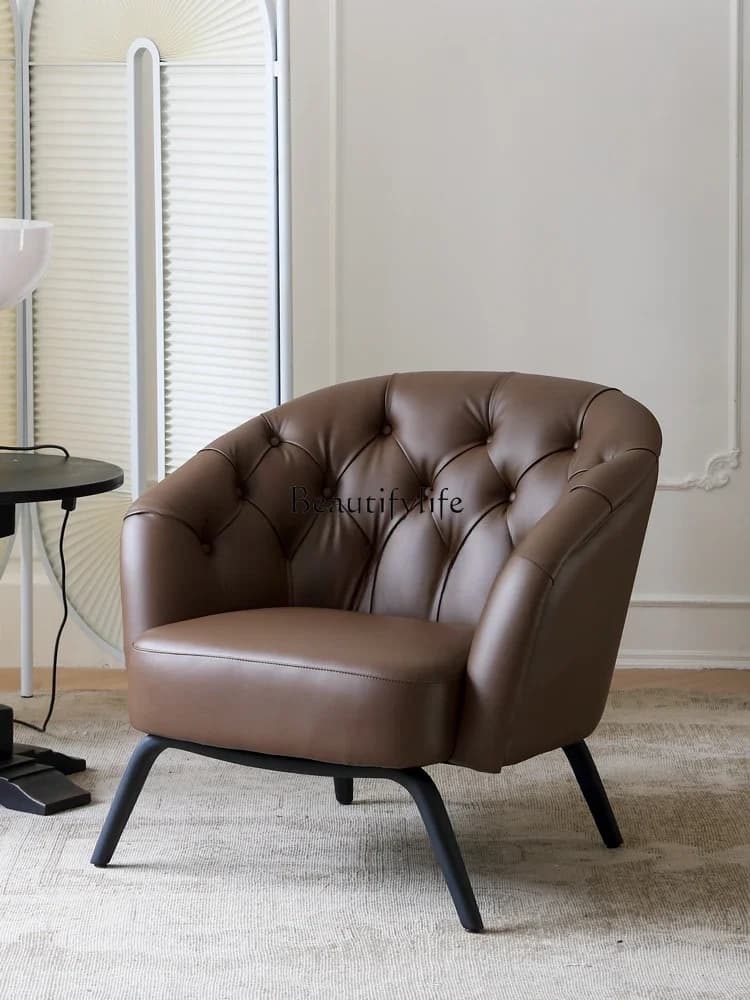 X4 Italian Minimalist Leather Lounge Chair Brown Living Room Balcony Solid Wood Single Sofa
