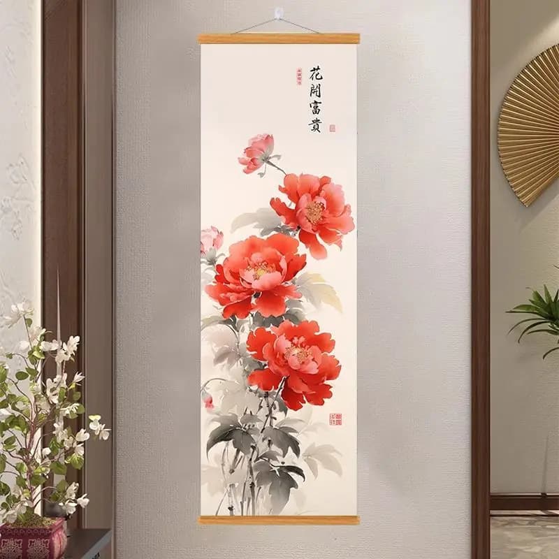Wall Decor & Room Decor Aesthetic Lush Blooming Peony Hanging Scroll – Prosperity Zen Wall Art for Teahouse Hallway & Spa Space