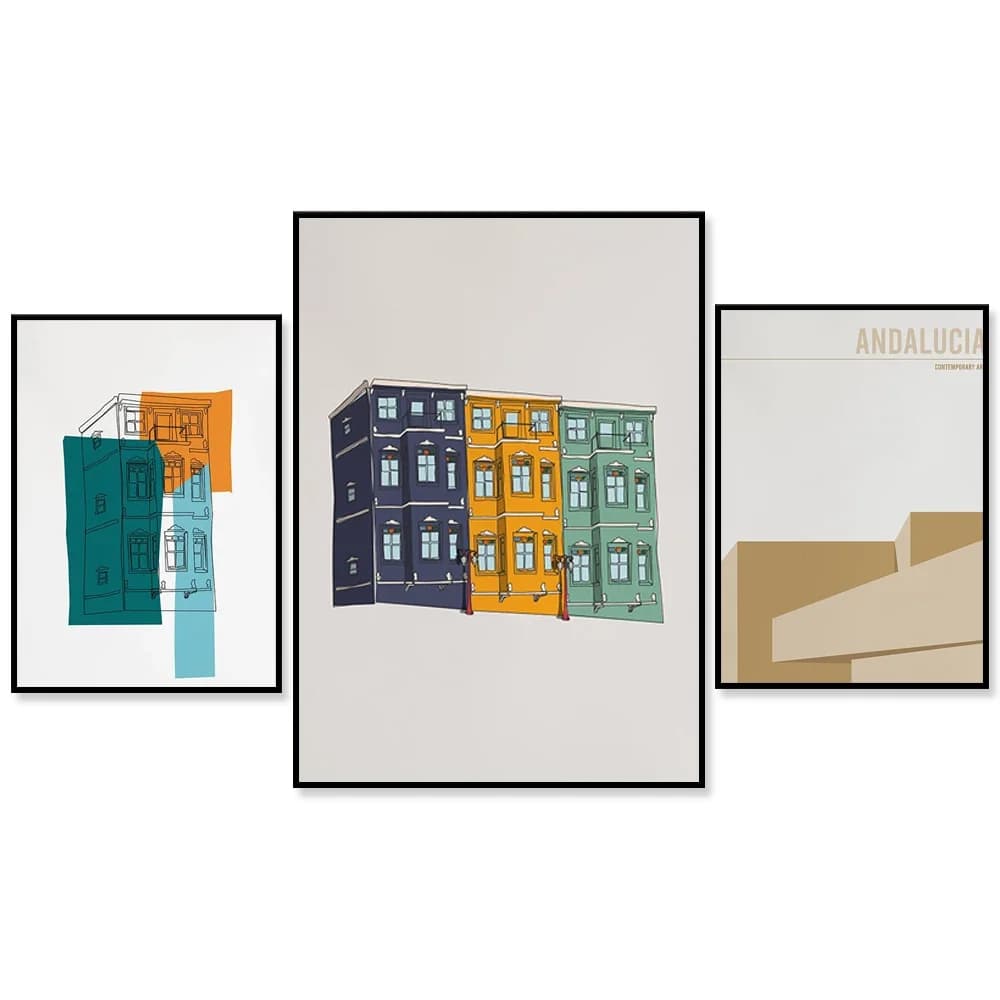 Building Poster - Printable Illustration - Modern Purple Yellow Green Vintage Apartment  - High Quality Wall Art Home Decor