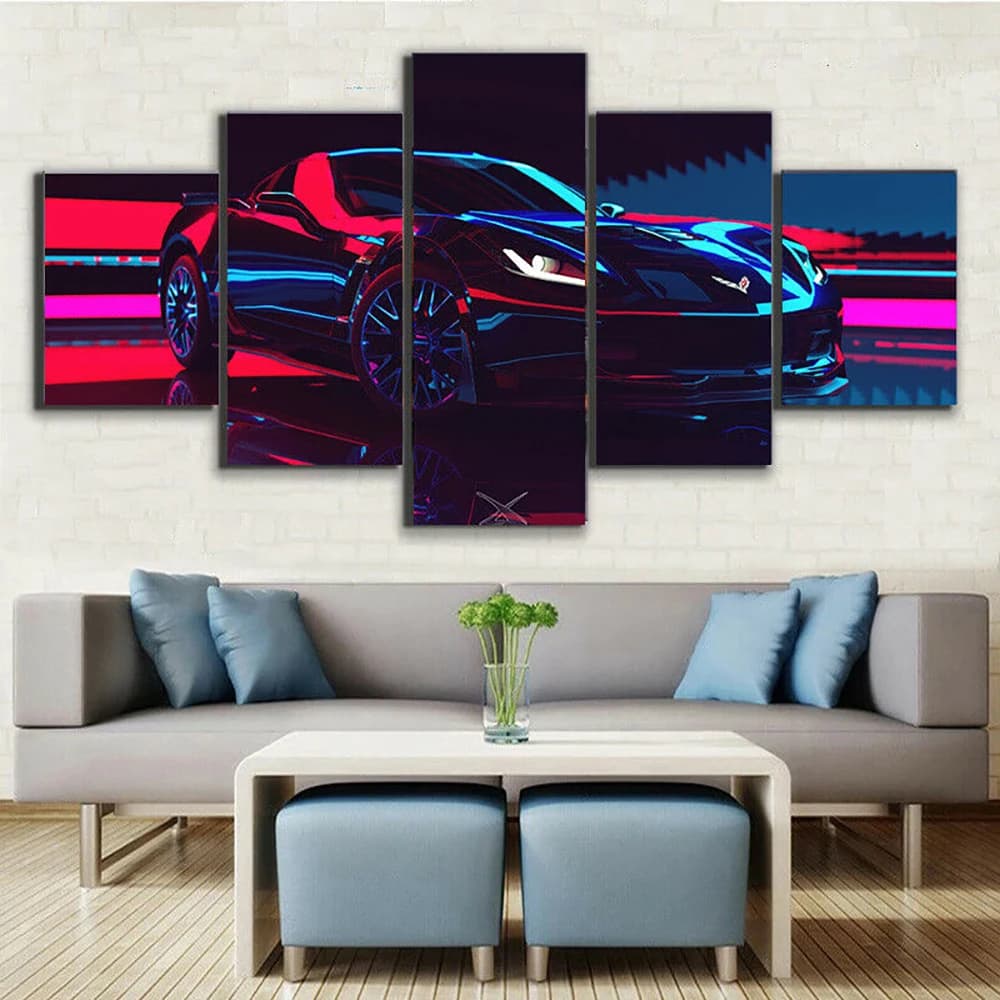 5 Pieces Canvas Wall Art Corvette Super Car Poster Painting Living Room Modern HD Home Decor Artwork Bedroom Modular Picture