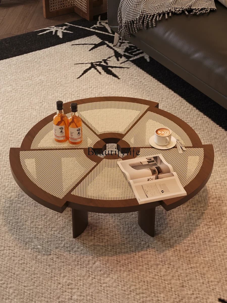 D06American retro solid wood rattan coffee table small homestay medieval special-shaped designer sofa side table