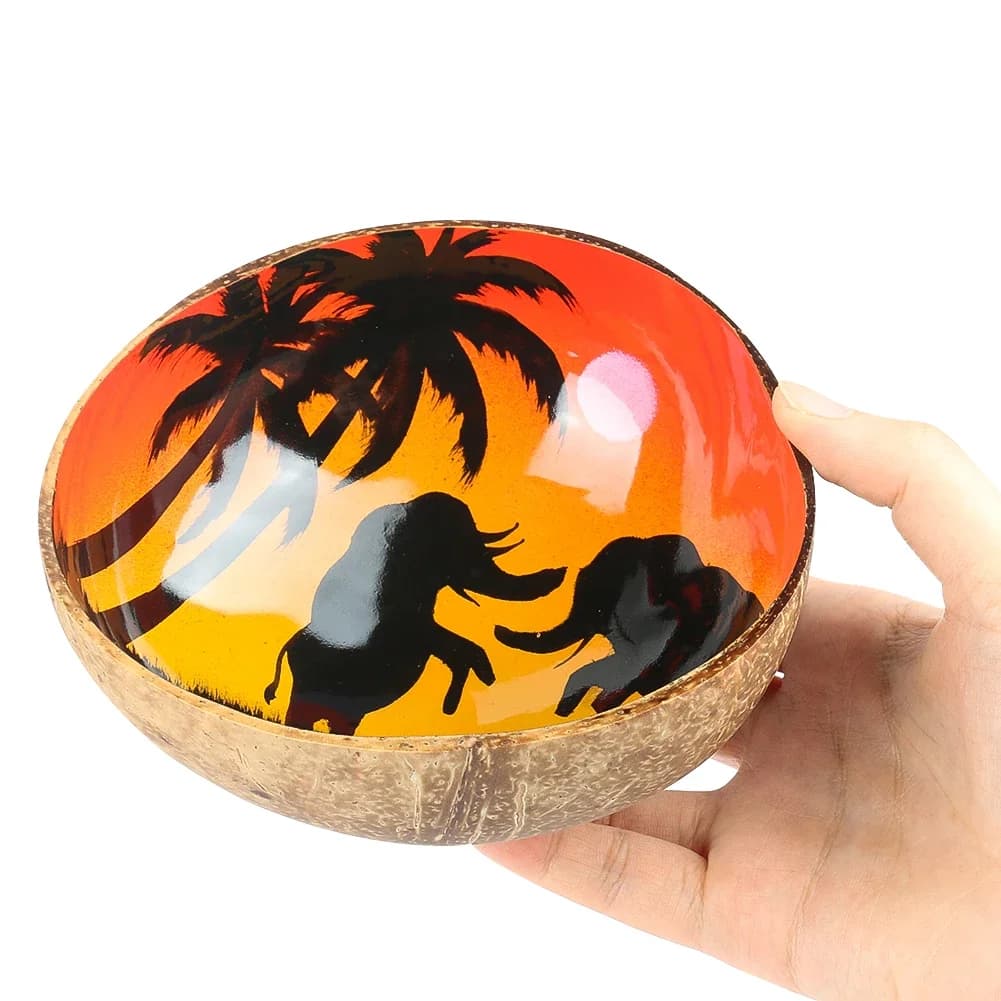 1PC Natural Coconut Shell Color Painting Bowl Sunrise Coconut Tree Elephant Pattern Drawing Home Storage Decoration Bowl Crafts