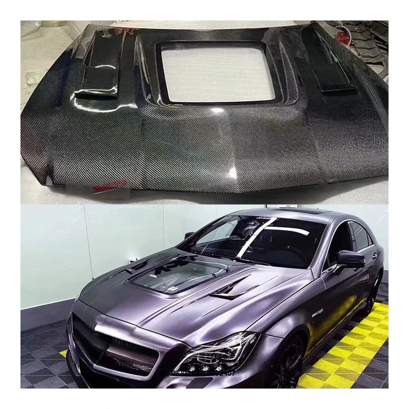 New for CLS CLS63 12-18 Carbon Fiber Engine Hood Transparent Style Bolt-On Installation Black Finish Bolts for