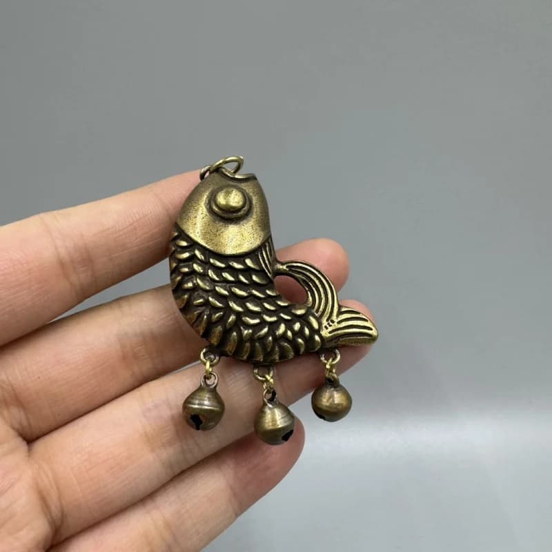 Antique collectible copper fish ornament, brass bell goldfish carp pendant decoration