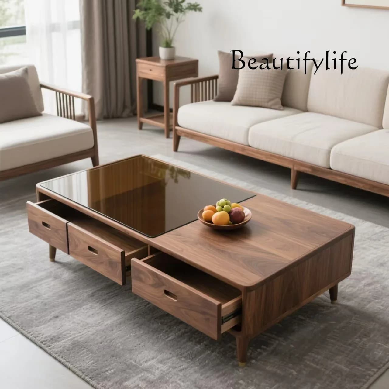 BJ Full Solid Wood Coffee Table Living Room Simple Modern Household Tea Cabinet North American Black Walnut Tea Table