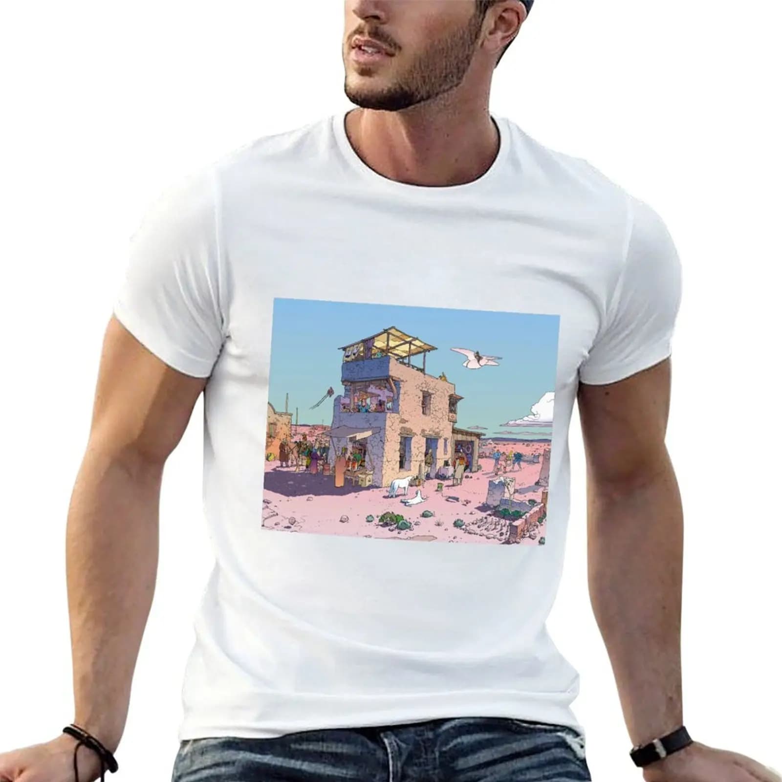 moebius, world of edena, desert, rock house, stall, inn, comic T-Shirt