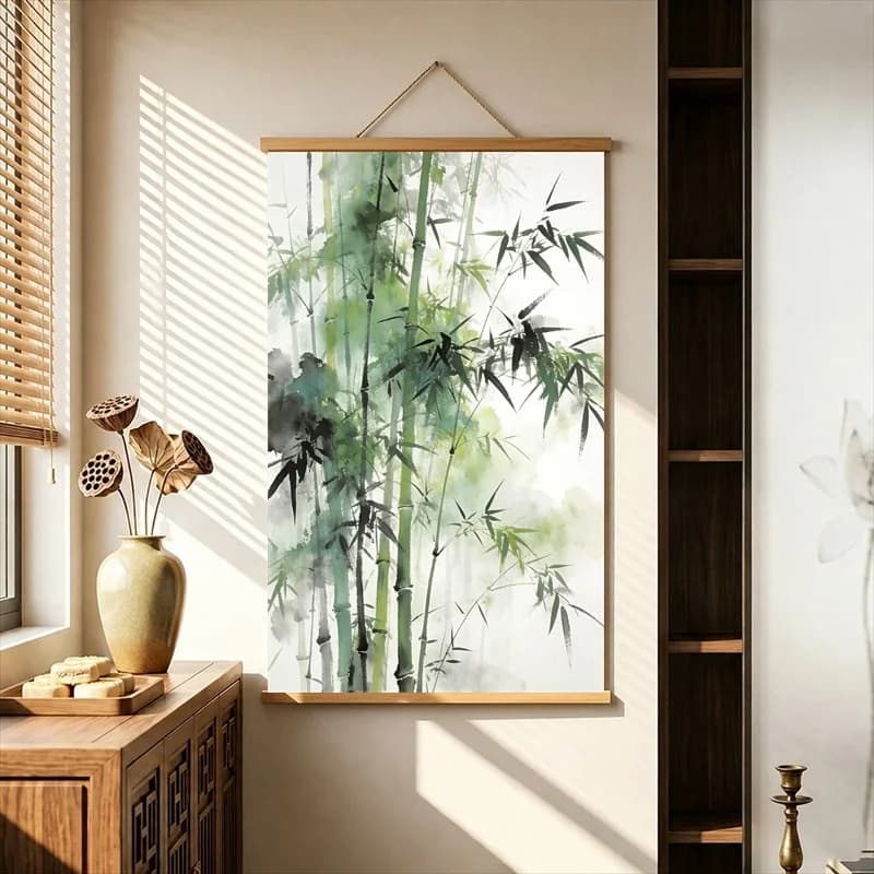 Wall Decor Bamboo Groves in Soft Green Ink, Zen Minimalism Pearlescent Canvas Wall Hanging Scroll for Tea Ceremony Room Interior