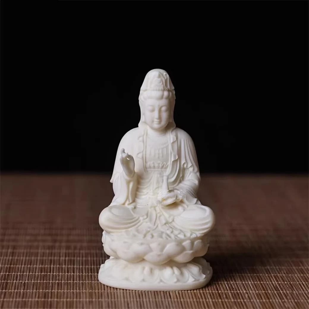 Buddhist Sculpture - Seated Guanyin Bodhisattva Statue with Elephant Fruit Holding Pure Water Pot on Lotus Pedestal