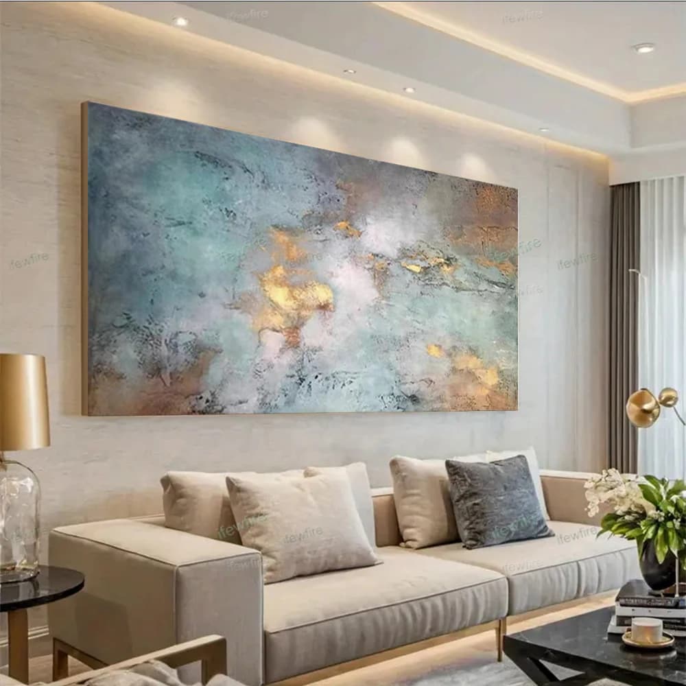 Nordic Wall Picture For Living Room Gold Canvas Poster 100% Hand-painted Abstract Oil Painting Blue Diagram Home Decor Image Art