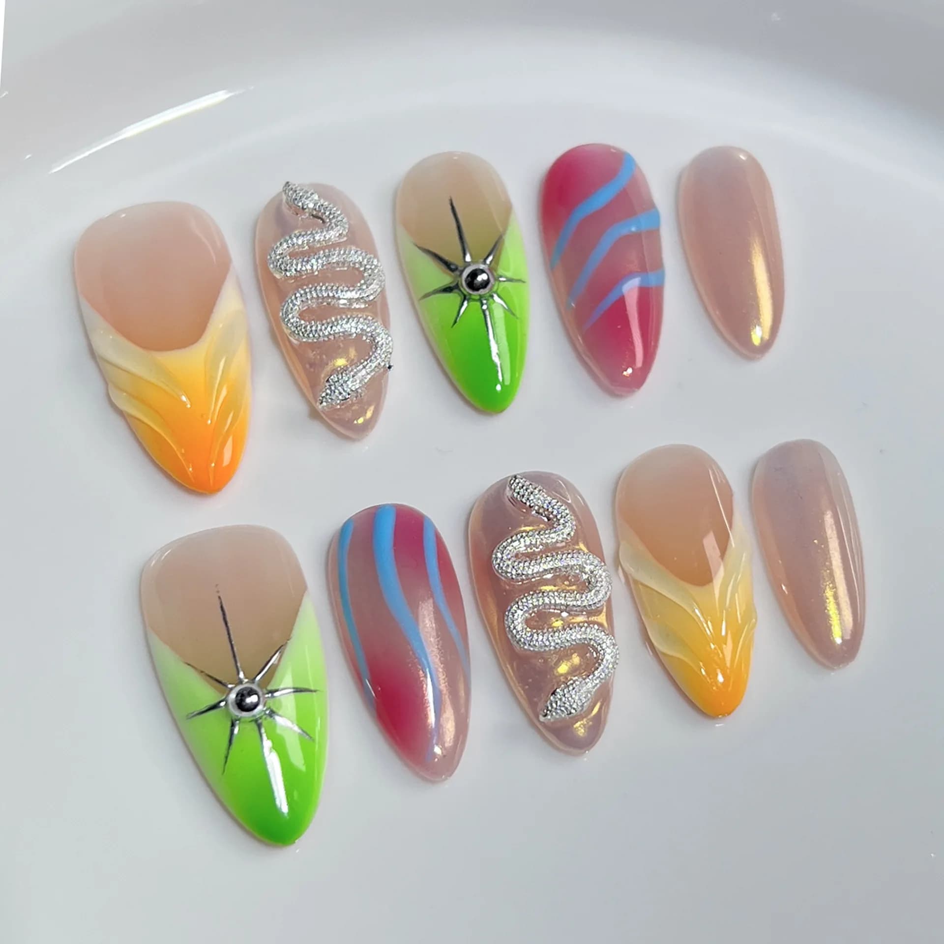 Hot Selling 3D Almond Press on Nails Colorful French Handmade Acrylic Press on Nails Blush Design Artificial Fingernails