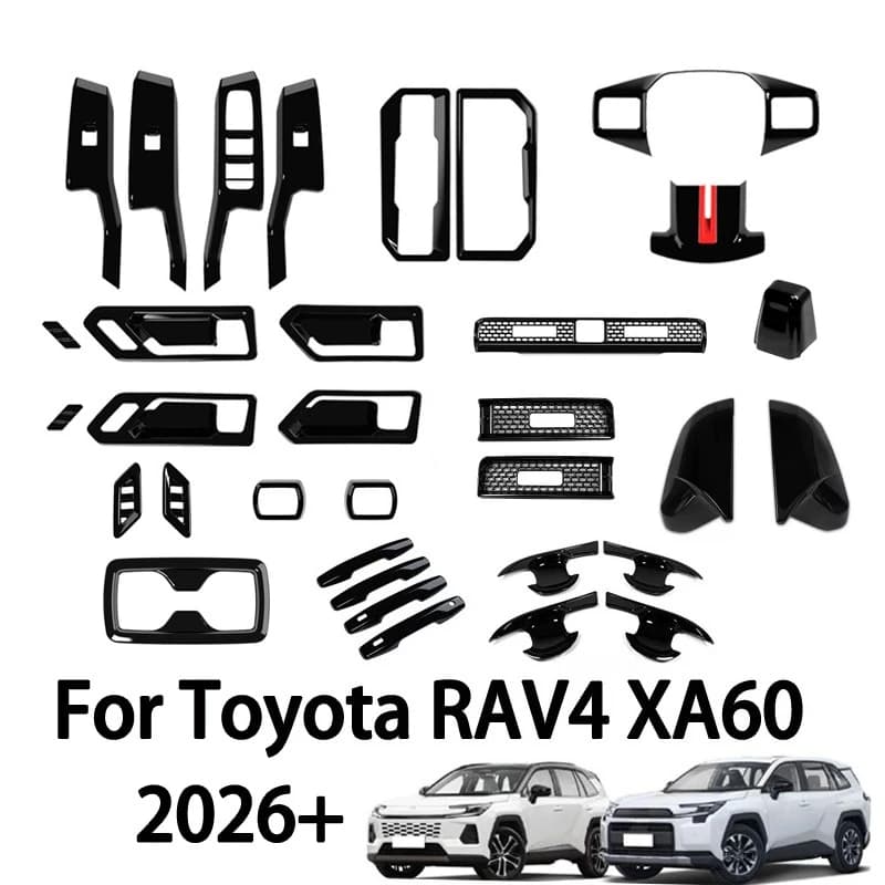 For Toyota RAV4 2026 LHD Black Interior Trim Kit Steering Wheel Overlay Gear Shift Cover AC Vent Strips Door Handle Frame Set
