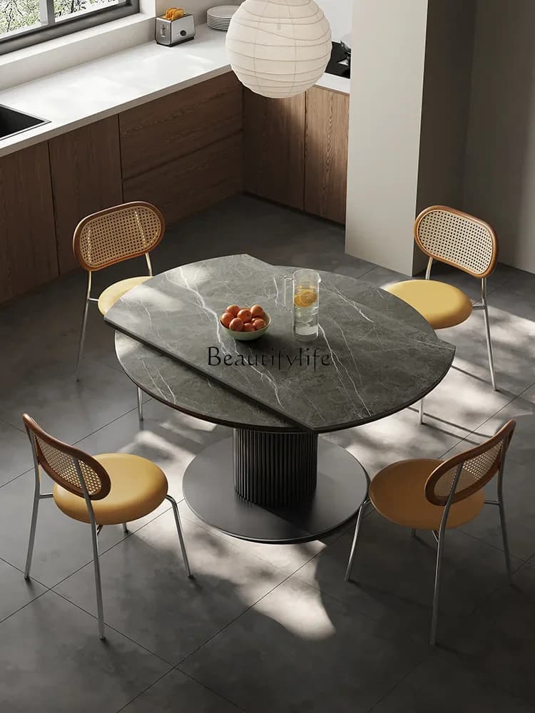 01Italian minimalist round rock slab dining table square and round dual-purpose retractable round dining table