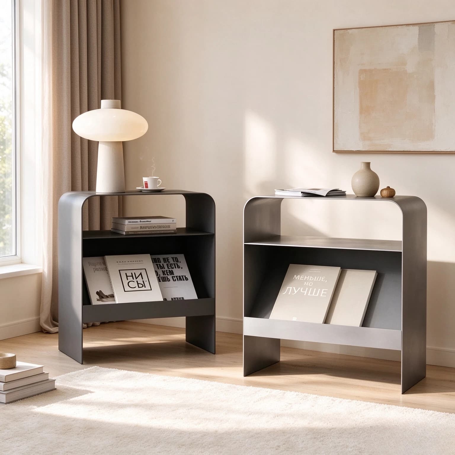 Nordic Inspired Metal Magazine Rack Side Table with Storage, Nightstand and Accent Furniture for Living Room and Bedroom