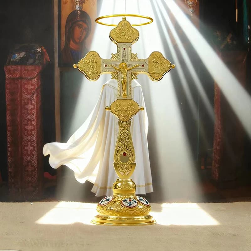Gilded Orthodox Altar Standing Cross With Embossed Holy Figure Relief Jesus Crucifix Ornament Enamel Decorated Base Elegant