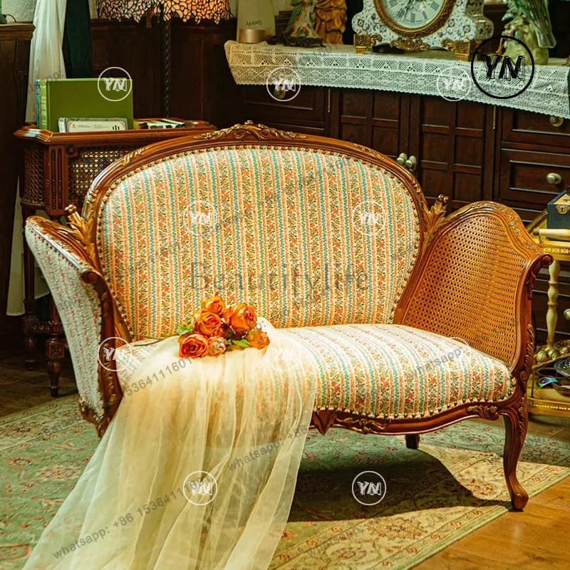 Wabi Stillwind Carved Sofa Chair French Retro Solid Wood Court Villa Rattan Chair